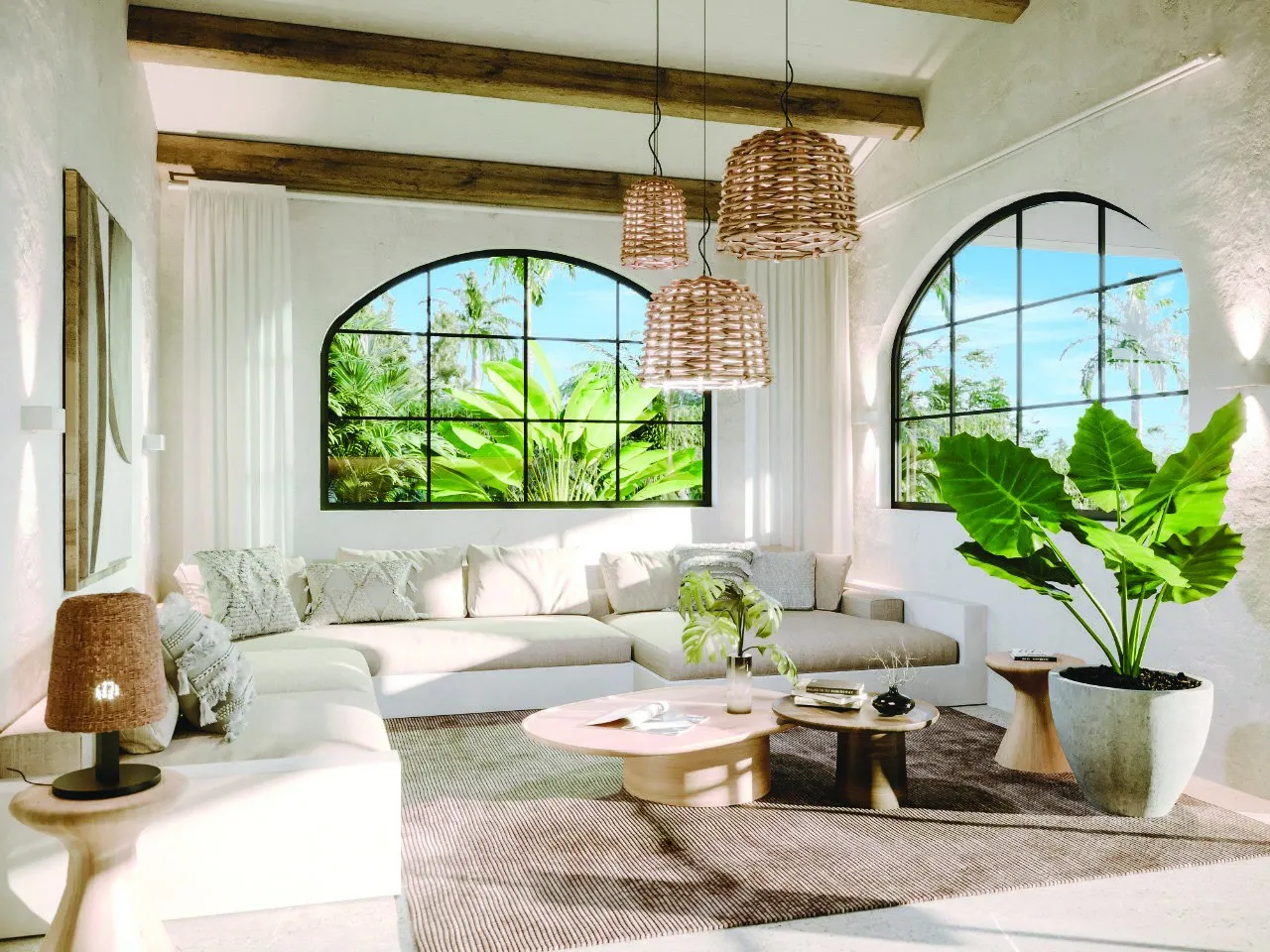 Render Villa Tipo A: sala con ventanas en arco